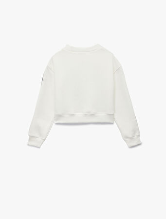 Uzun Kollu Bisiklet Yaka Aplike Detaylı Pamuklu Sweatshirt