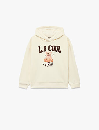 Uzun Kollu Ayıcık Baskı Detaylı Oversize Kapşonlu Sweatshirt