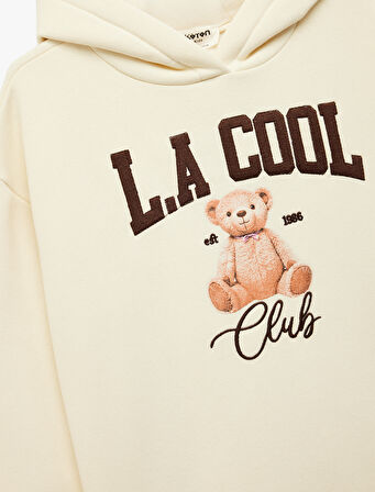 Uzun Kollu Ayıcık Baskı Detaylı Oversize Kapşonlu Sweatshirt