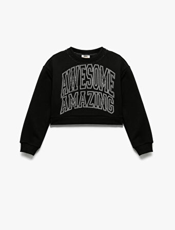 Şardonlu Uzun Kollu Bisiklet Yaka Taş Detaylı Sweatshirt