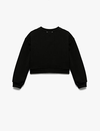 Şardonlu Uzun Kollu Bisiklet Yaka Taş Detaylı Sweatshirt