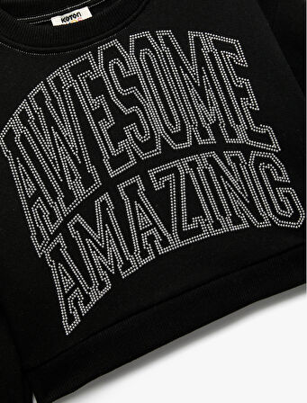 Şardonlu Uzun Kollu Bisiklet Yaka Taş Detaylı Sweatshirt