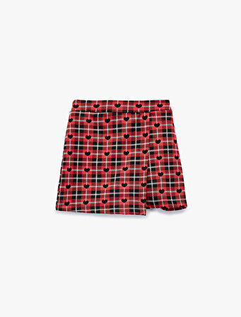 Ekose Desenli Kalp Baskılı Şort Etek