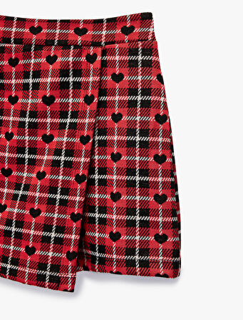 Ekose Desenli Kalp Baskılı Şort Etek