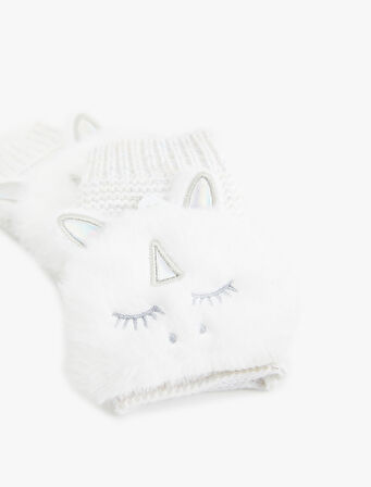 Peluş Detaylı Unicornlu Örgü Eldiven