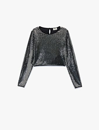 Uzun Kollu Bisiklet Yaka Parlak Bluz