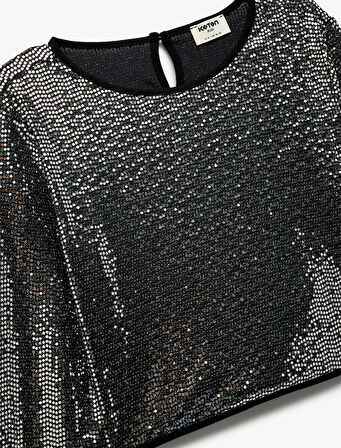 Uzun Kollu Bisiklet Yaka Parlak Bluz