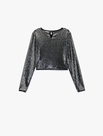 Uzun Kollu Bisiklet Yaka Parlak Bluz