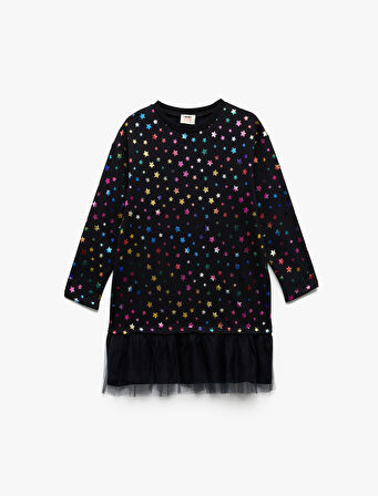 Rahat Kesim Uzun Kollu Bisiklet Yaka Tül Detaylı Şardonlu Pamuklu Yıldız Baskılı Sweat Elbise