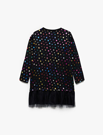 Rahat Kesim Uzun Kollu Bisiklet Yaka Tül Detaylı Şardonlu Pamuklu Yıldız Baskılı Sweat Elbise