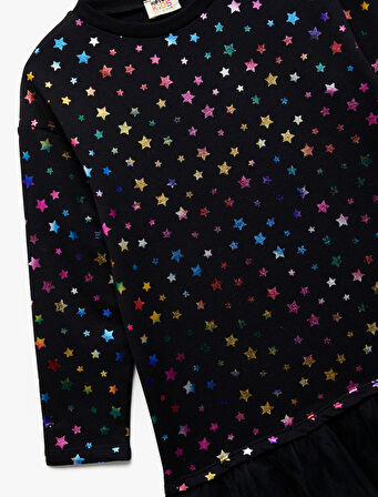 Rahat Kesim Uzun Kollu Bisiklet Yaka Tül Detaylı Şardonlu Pamuklu Yıldız Baskılı Sweat Elbise