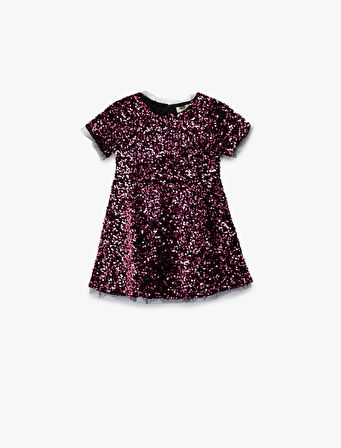 Parlak Pullu Payetli Bisiklet Yaka Kısa Kollu Elbise