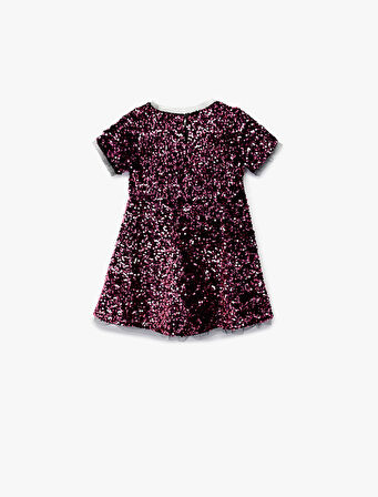 Parlak Pullu Payetli Bisiklet Yaka Kısa Kollu Elbise