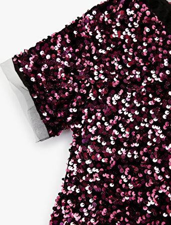 Parlak Pullu Payetli Bisiklet Yaka Kısa Kollu Elbise