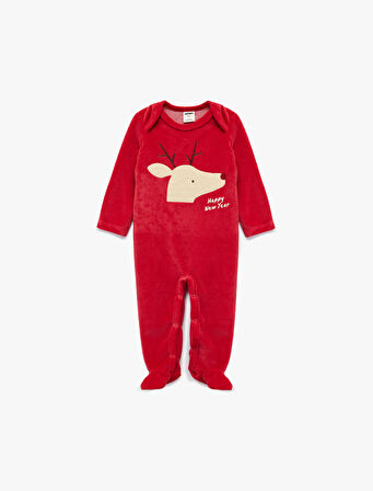 Geyik Nakışlı Uzun Kollu Bisiklet Yaka Pamuklu Kadife Tulum