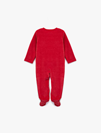 Geyik Nakışlı Uzun Kollu Bisiklet Yaka Pamuklu Kadife Tulum