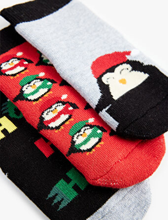 Yılbaşı Temalı Penguen Detaylı Pamuklu Havlu Çorap Seti