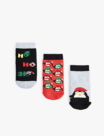 Yılbaşı Temalı Penguen Detaylı Pamuklu Havlu Çorap Seti