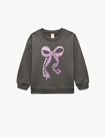 Uzun Kollu Şardonlu Bisiklet Yaka Fiyonk Baskılı Sweatshirt