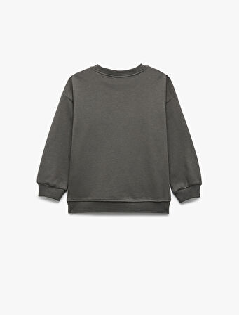 Uzun Kollu Şardonlu Bisiklet Yaka Fiyonk Baskılı Sweatshirt