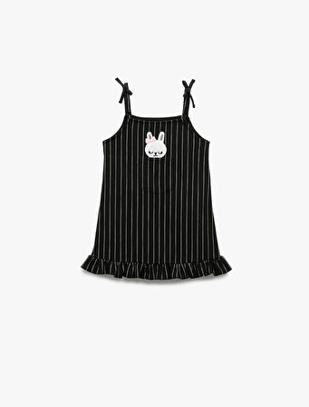 Tavşan Nakış Detaylı İnce Askılı Çizgili Jile Elbise