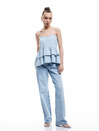 Pamuklu Kalp Yaka Volan Detaylı Kolsuz Denim Atlet