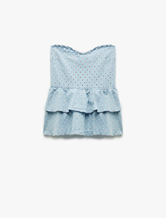 Pamuklu Kalp Yaka Volan Detaylı Kolsuz Denim Atlet