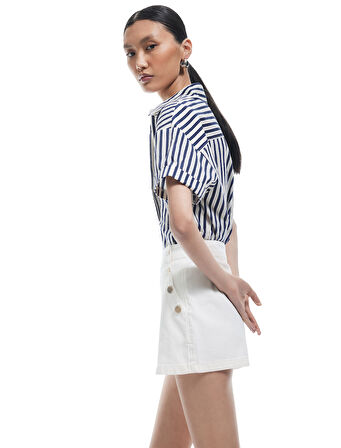 Yüksek Bel Düğmeli Pamuklu Mini Şort Etek