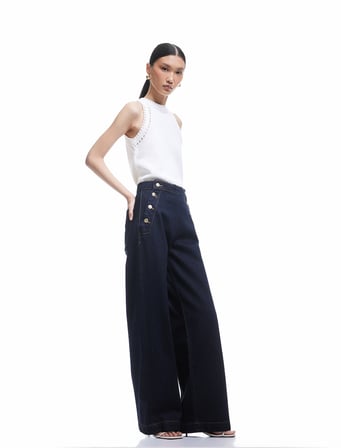 Düğme Detaylı Standart Bel Geniş Paça Jean Pantolon -  Wide Leg Jeans