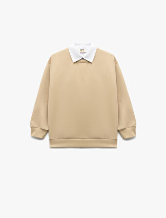 Uzun Kollu Gömlek Yaka Detaylı Pamuklu Basic Sweatshirt