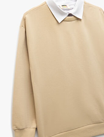 Uzun Kollu Gömlek Yaka Detaylı Pamuklu Basic Sweatshirt
