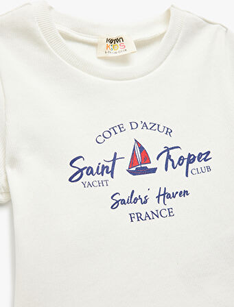 Baskılı Pamuklu Bisiklet Yaka Kısa Kollu Crop Tişört