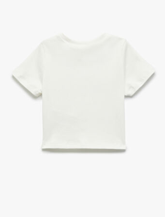 Baskılı Pamuklu Bisiklet Yaka Kısa Kollu Crop Tişört