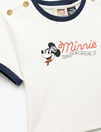 Minnie Mouse Lisanslı Biyeli Bisiklet Yaka Baskılı Tişört
