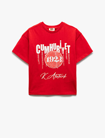 Bisiklet Yaka Kısa Kollu Pamuklu Cumhuriyet Baskılı Tişört