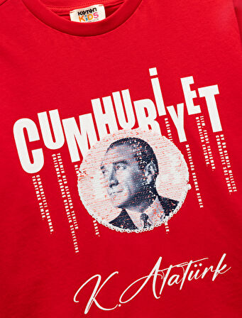 Bisiklet Yaka Kısa Kollu Pamuklu Cumhuriyet Baskılı Tişört