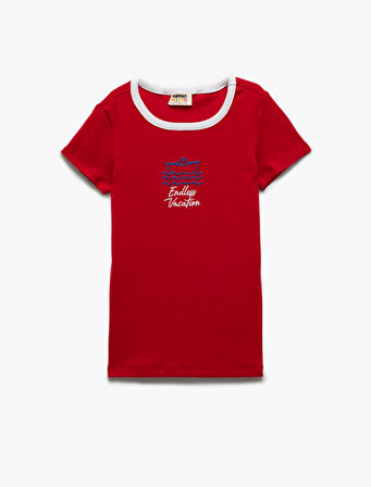 Bisiklet Yaka Kısa Kollu Pamuklu Nakışlı Kaşkorse Tişört