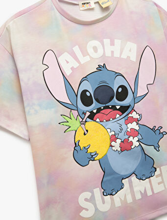 Lisanslı Stitch Baskılı Bisiklet Yaka Kısa Kollu Tişört