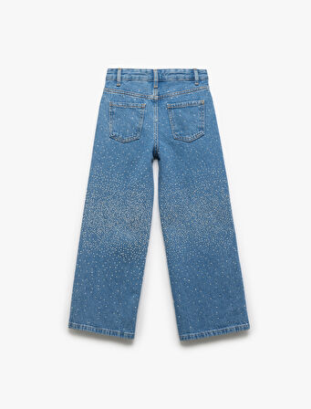 Pamuklu Cepli Taş Detaylı Geniş Paça Denim Pantolon