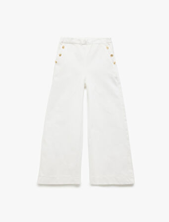 Pamuklu Düğme Detaylı Geniş Paça Pantolon