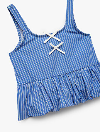 Pamuklu Kare Yaka Askılı Gipeli Fiyonklu Poplin Bluz