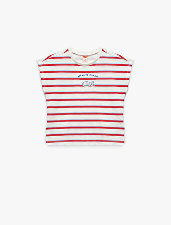 Bisiklet Yaka Kolsuz Balık İşlemeli Pamuklu ÇizgiliTişört