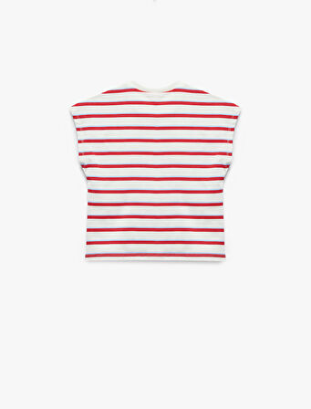 Bisiklet Yaka Kolsuz Balık İşlemeli Pamuklu ÇizgiliTişört