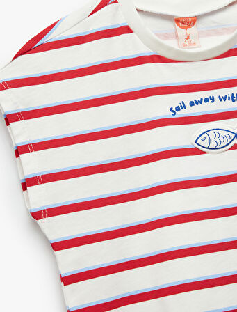 Bisiklet Yaka Kolsuz Balık İşlemeli Pamuklu ÇizgiliTişört