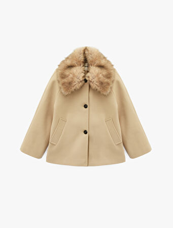 Suni Kürk Yaka Kısa Kaban Cepli Uzun Kollu