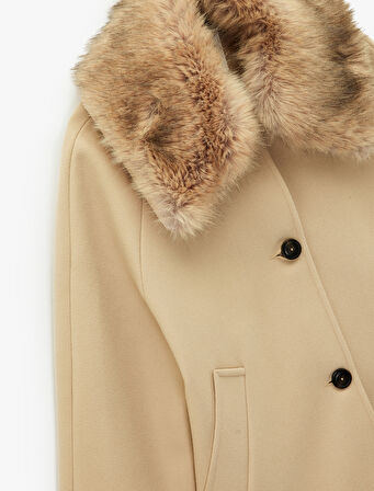 Suni Kürk Yaka Kısa Kaban Cepli Uzun Kollu