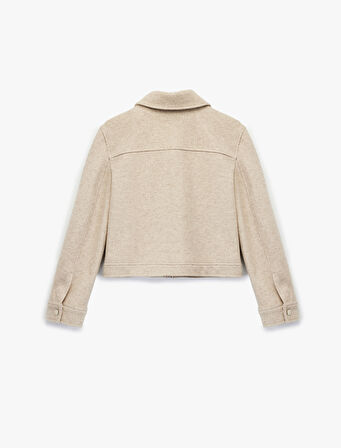 Cepli Uzun Kollu Fermuarlı Crop Kaşe Mont