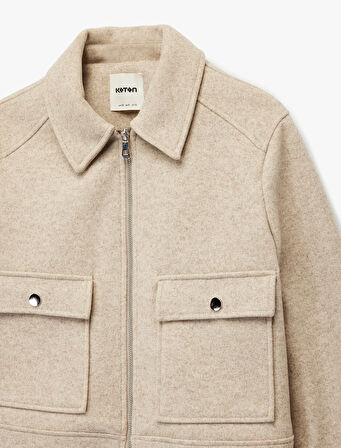 Cepli Uzun Kollu Fermuarlı Crop Kaşe Mont