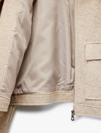 Cepli Uzun Kollu Fermuarlı Crop Kaşe Mont