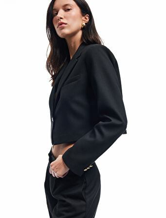 Kruvaze Uzun Kollu Crop Blazer Ceket